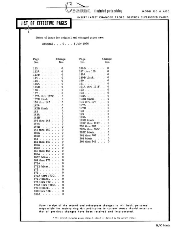 Cessna 150, A150, F150, FA150 1970-1977 Parts Catalog 19762