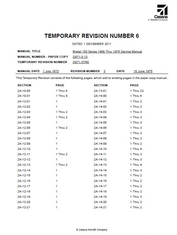 Cessna Model 150 Series 1969 thru 1976 Service Manual