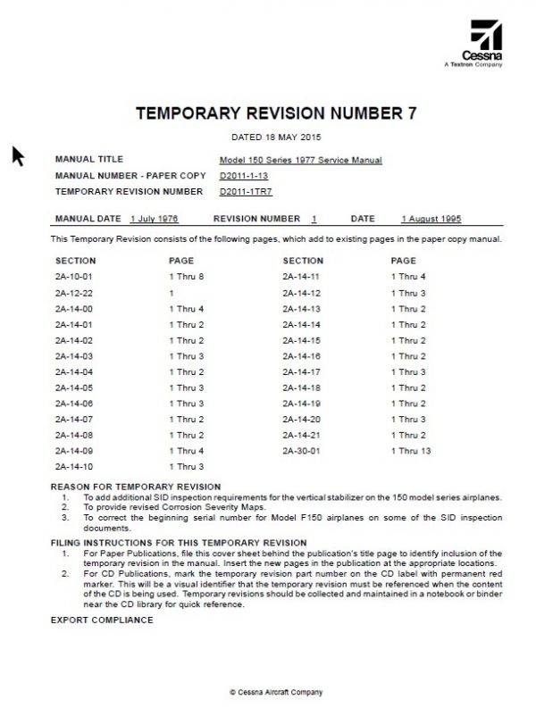 Cessna Model 150 Series 1977 Service Manual