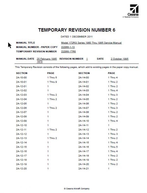 Cessna Model 172RG Series 1980 thru 1985 Service Manual