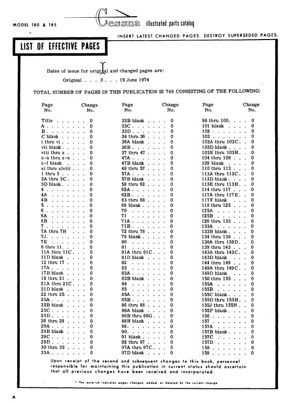 Cessna Model 180 & 185 Series Parts Catalog (1961 THRU 1973 ...