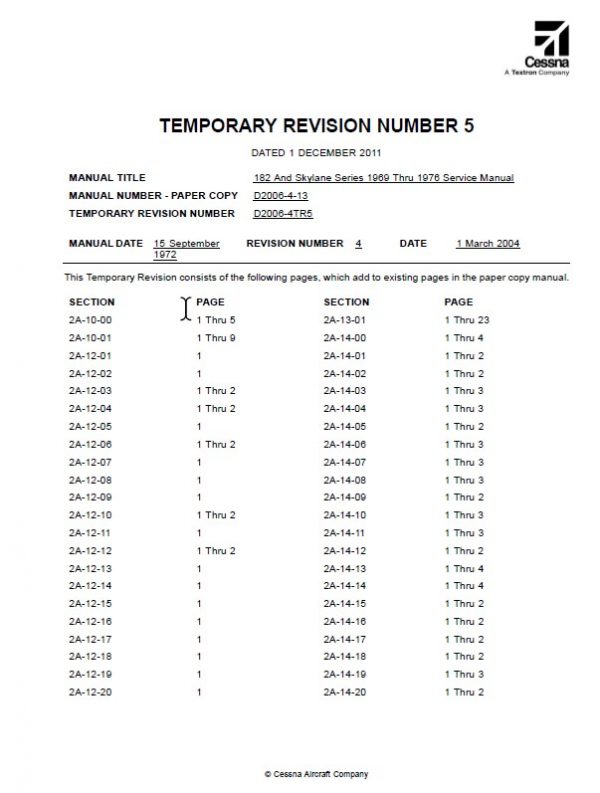 Cessna Model 182 and Skylane Series 1969 Thru 1976 Service Manual