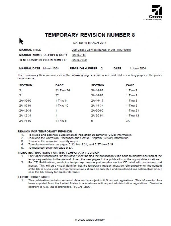 Cessna Model 200 Service Manual (1966 THRU 1968) Temporary Revision Number 8