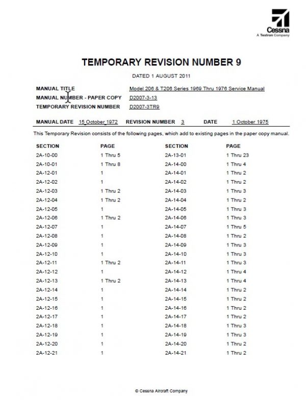 Cessna Model 206 & T206 Series 1969 Thru 1976 Service Manual