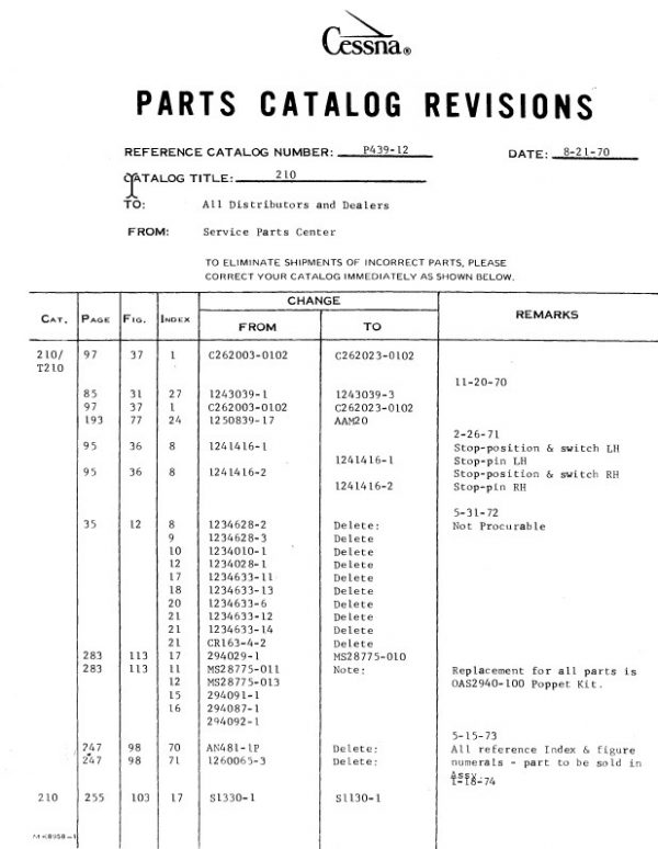 Cessna Model 210 & T210 Series Parts Catalog Revisions P439-12