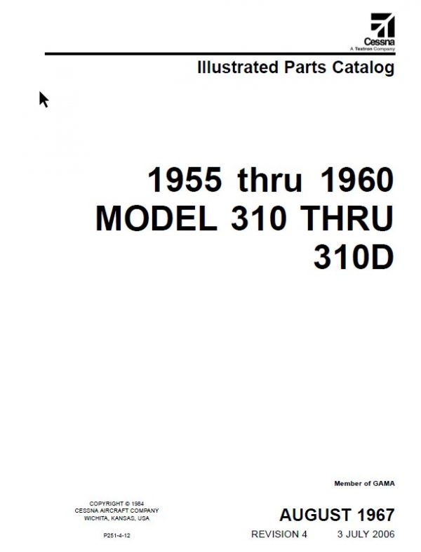 Cessna Model 310 thru 310D Illustrated Parts Catalog 1955 thru 1960