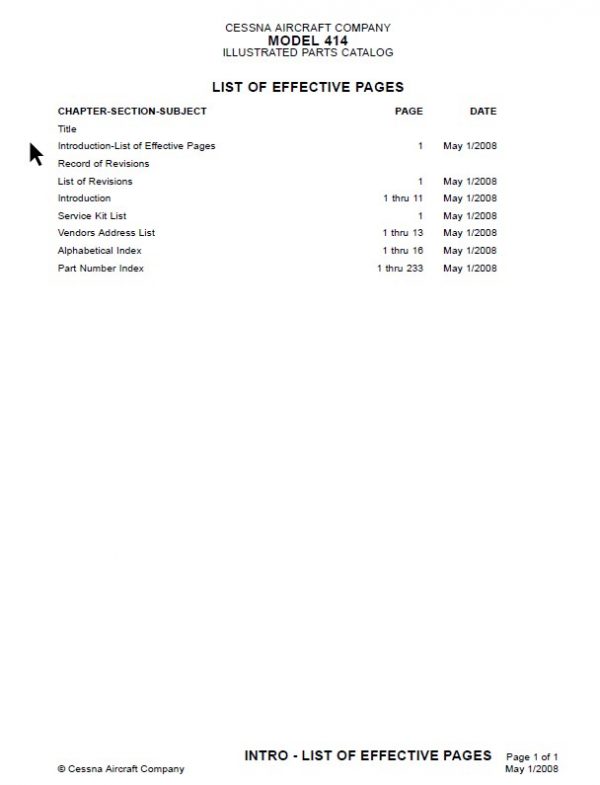 Cessna Model 414 and 414A Chancellor Illustrated Parts catalog 1969 Thru 1985.3