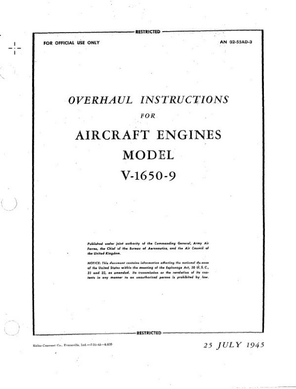 Rolls Royce Overhaul Instructions For Aircraft Engines Model V-1650-9.2